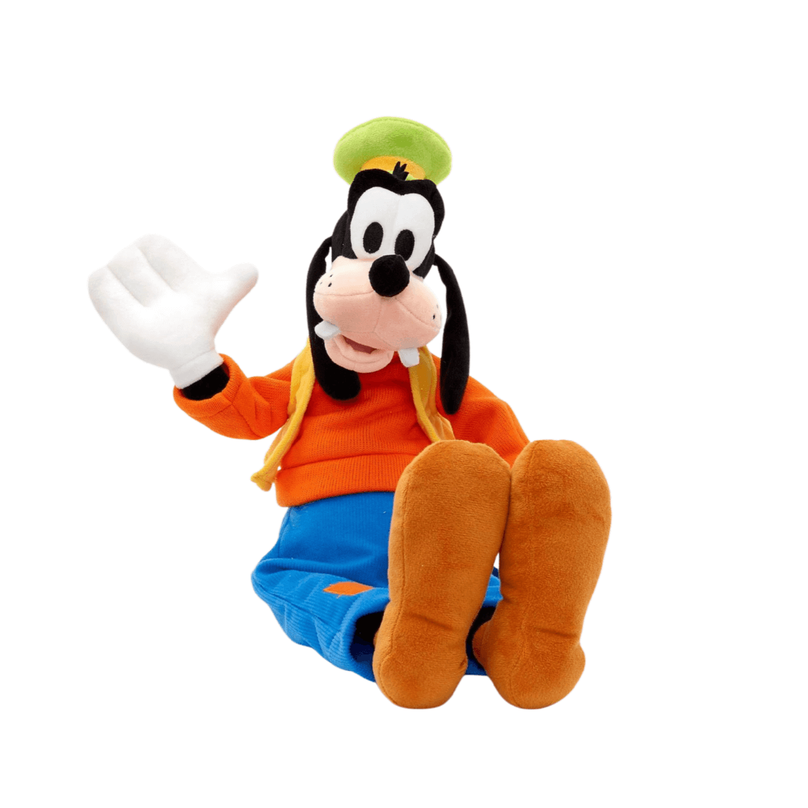 Peluche Dingo de 30cm, le chien drôle et loyal de Disney, avec un sourire amical et des vêtements colorés.
