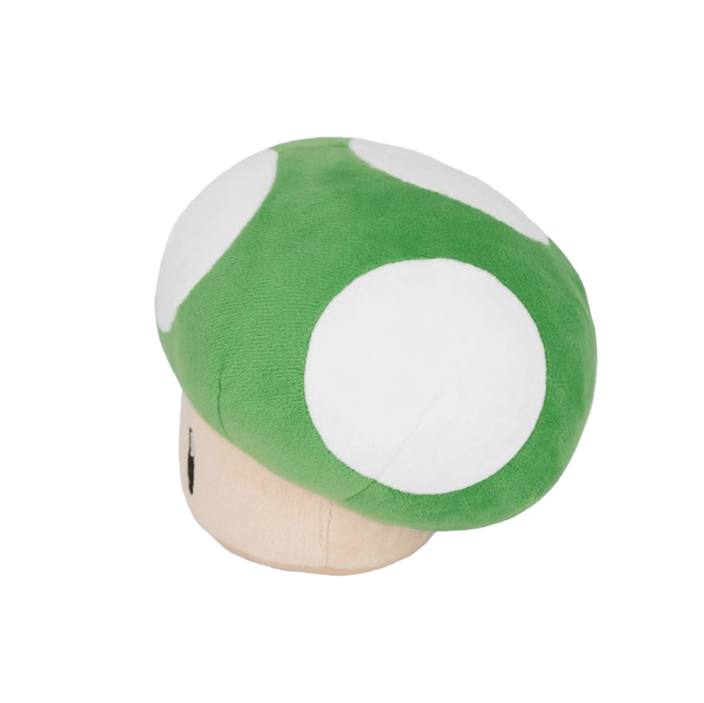 Peluche Champignon verte de 22cm inspirée par la série Mario pour les fans de jeux vidéo.