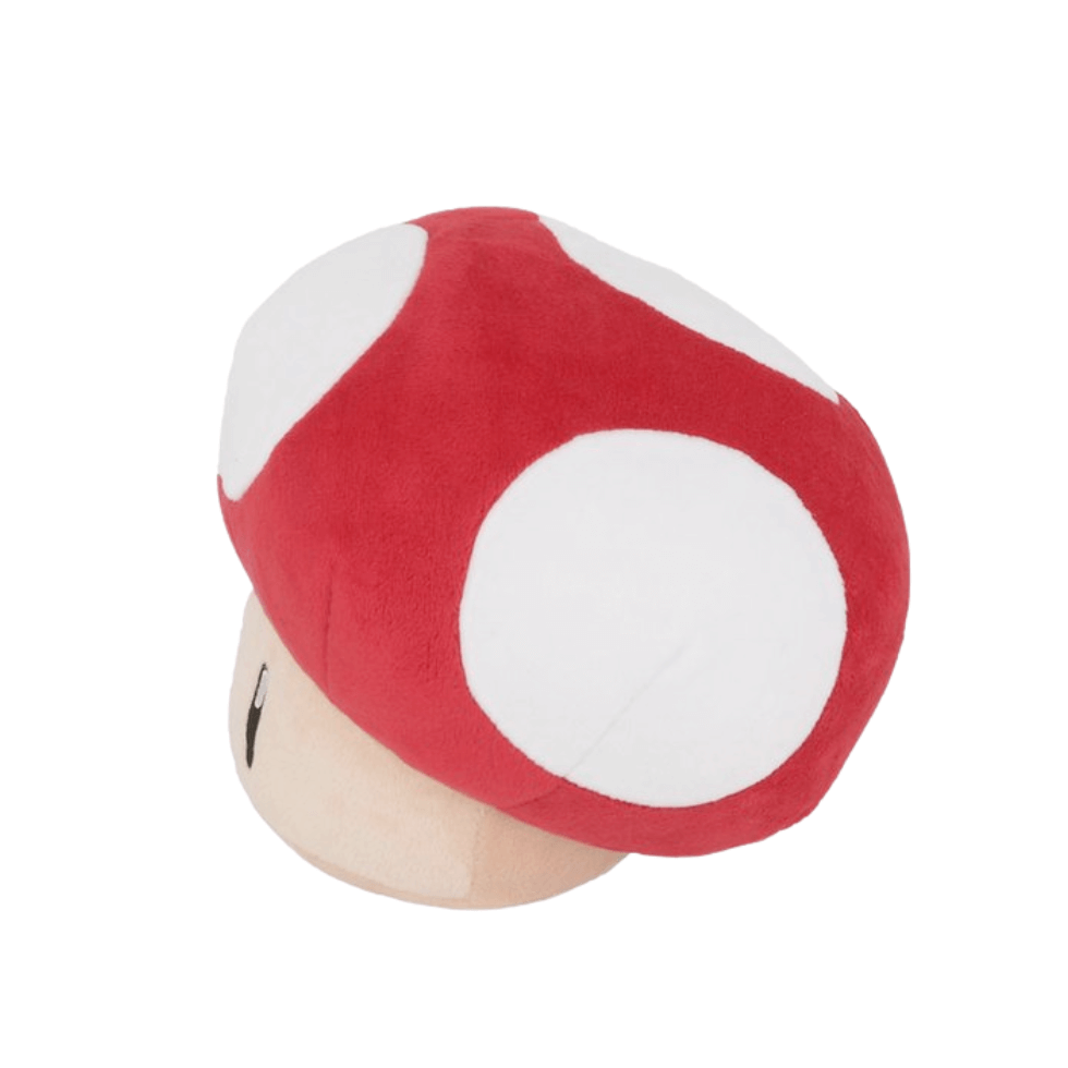 Peluches Champignon rouge en forme de super champignon de Mario, idéal comme compagnon de jeu.