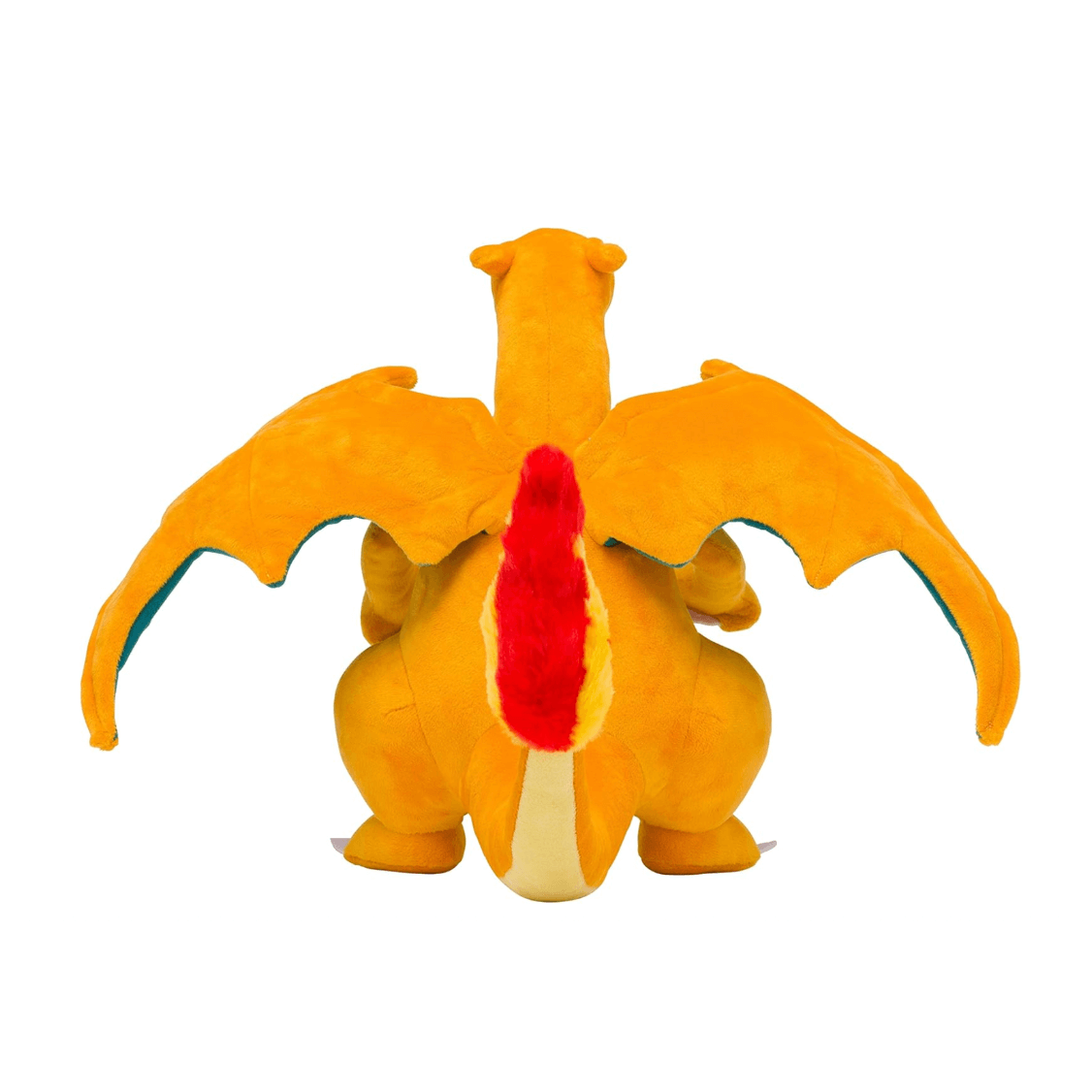 Peluche Dracaufeu de 25cm vue arrière avec ses ailes et sa queue vibrante en rouge.